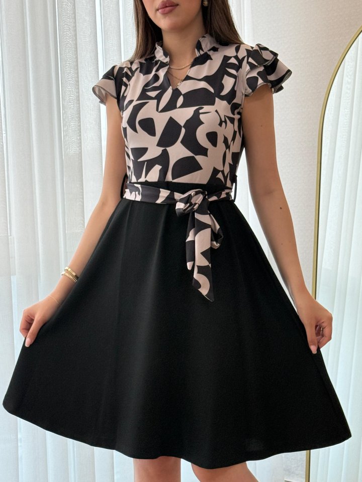 Kadın Kısa Kollu Kolu Fırfır Detay Mini Kuşaklı Kloş Krep Elbise - Görsel 3