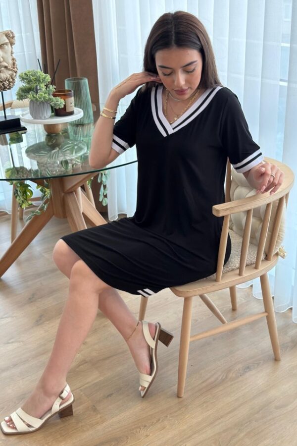 Kadın Kısa Kollu V Yaka Ribana Detaylı Cepli Dizüstü Viskon Elbise