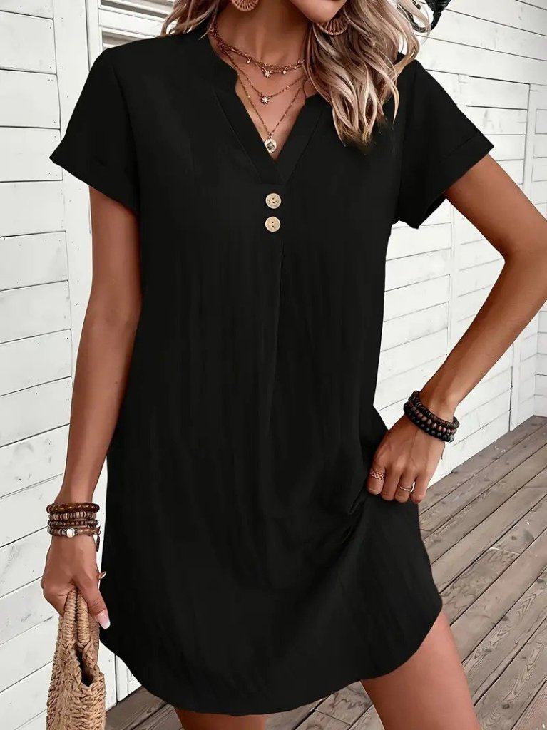 Kadın Kısa Kollu V Yakalı Düğmeli Müslim Kısa Elbise - Görsel 4