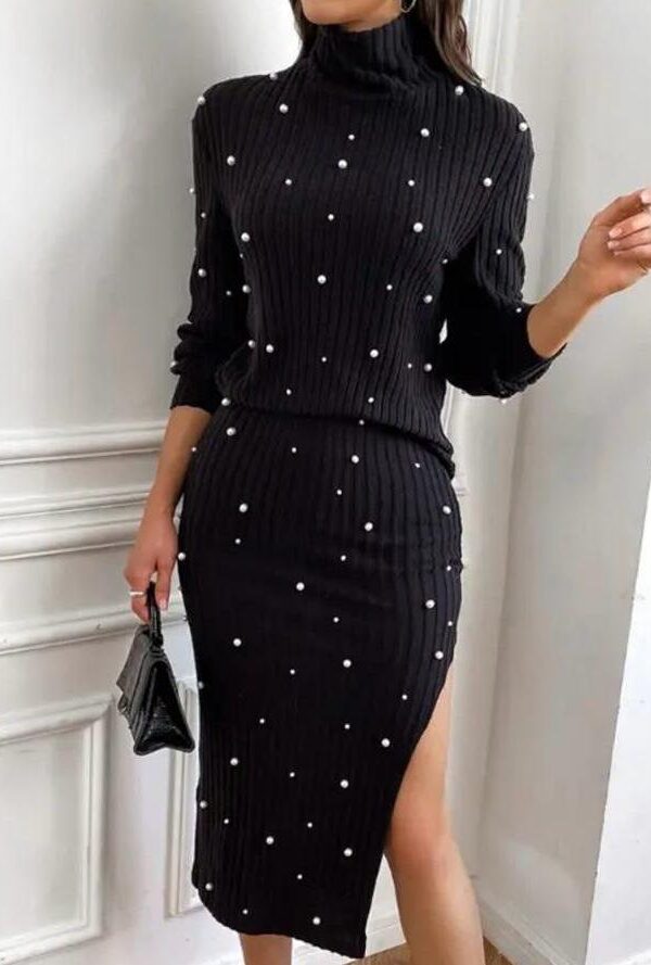 Kadın Eteği Yırtmaçlı Ottoman Kumaş Inci Detaylı Ikili Takım