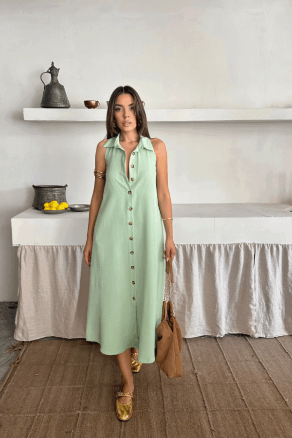 KETEN ÖNDEN DÜĞMELİ KOLSUZ GÖMLEK YAKA ELBİSE - Yağ Yeşili