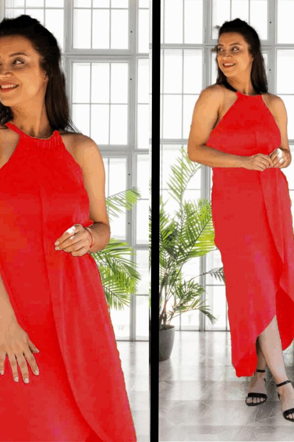 Boyun Askılı Eteği Kruvaze Kesim Viskon Kumaş Elbise