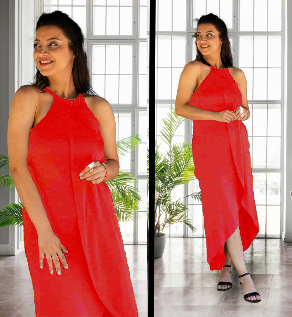 Kadın Omuzlardan Açık Boyundan Geçmeli Asimetrik Kesim Detaylı Viskon Elbise - Görsel 6