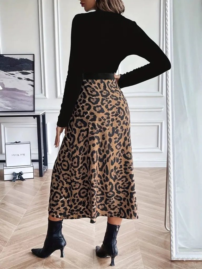 Kadın Uzun Kollu Bisiklet Yaka Ithal Krep Bluz Alt Desenli Modal Midi Elbise - Görsel 4