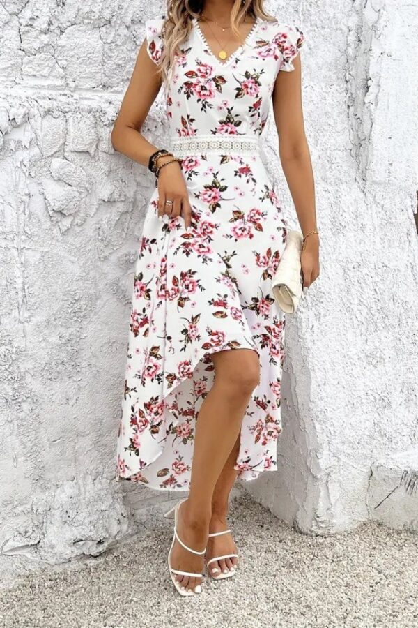 Kadın Kısa Kollu V Yakalı çiçek Desenli önü Kısa Arkası Uzun Pegasus Elbise