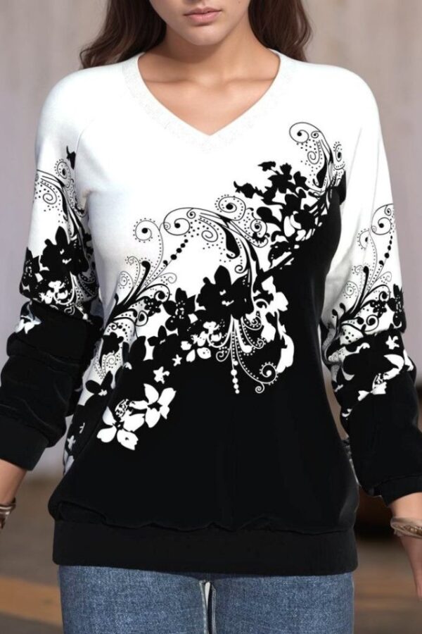 Kadın Uzun Kollu V Yakalı çiçek Baskılı şardonlu Dalgıç Bluz