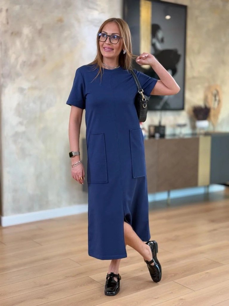 Kadın Kısa Kollu Bisiklet Yakalı Cepli önden Yırtmaçlı Viskon Iki Iplik Midi Elbise - Görsel 4