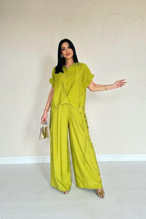 Yağ Yeşili Önü Pileli İkili Keten Takım