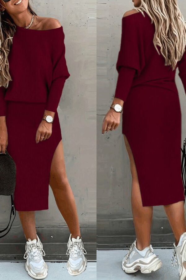 Kadın Uzun Kollu Düşük Omuz Yırtmaç Detay Kaşkorse Etek Bluz Ikili Takım