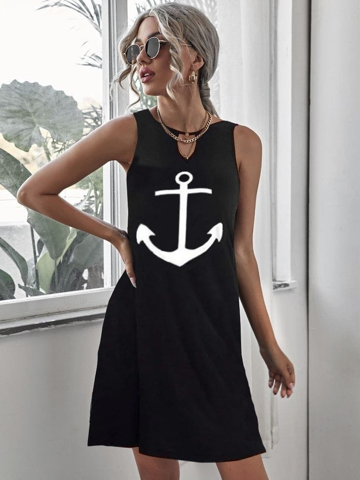 Kadın Kolsuz Halka Detay çıpa Baskılı Viskon Elbise - Görsel 6