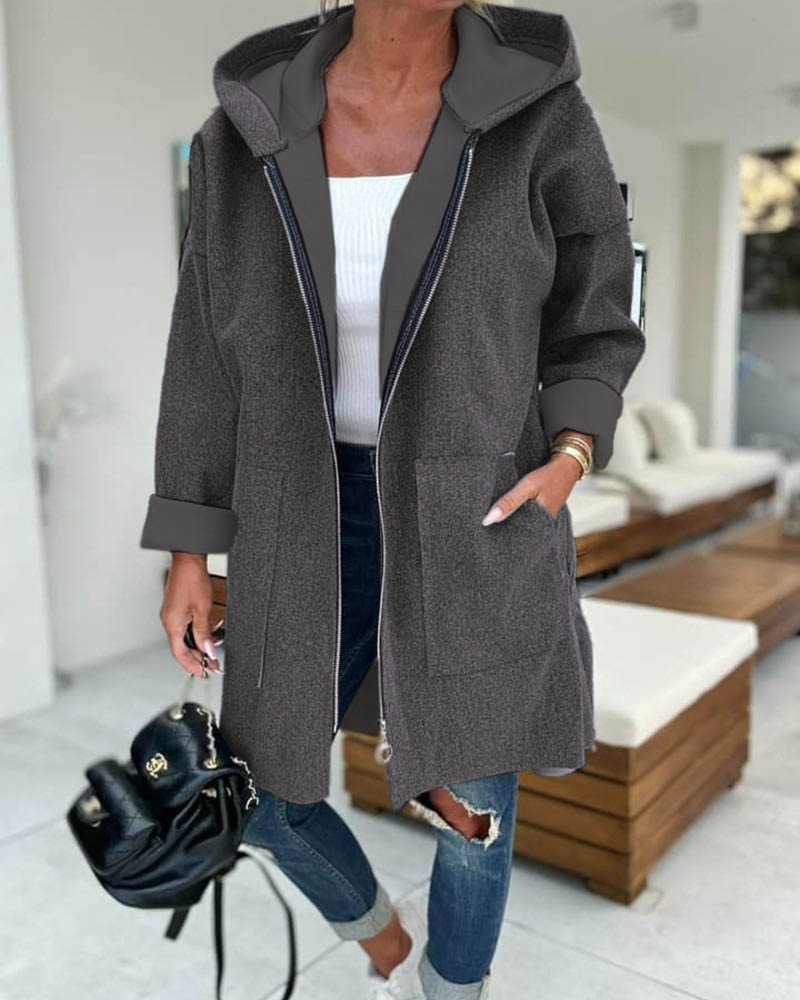 Kadın Uzun Kollu Kapşonlu Fermuar Detaylı Cepli Uzun üç Iplik Ceket - Görsel 2