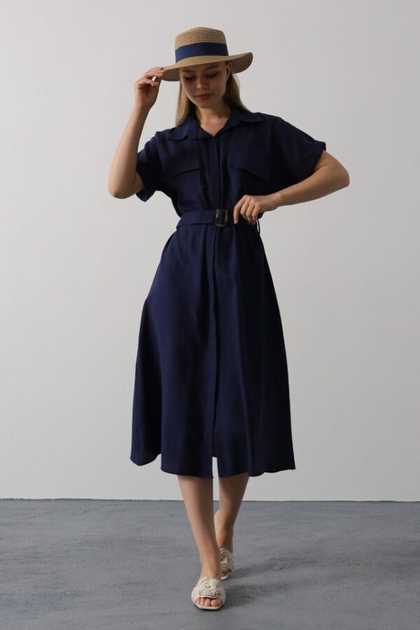 Kuşaklı Cep Detaylı Yarım Kol Elbise - Beyaz