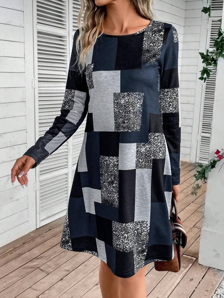 Kadın Uzun Kollu Yuvarlak Yaka Geometrik Süprem Elbise - Görsel 3