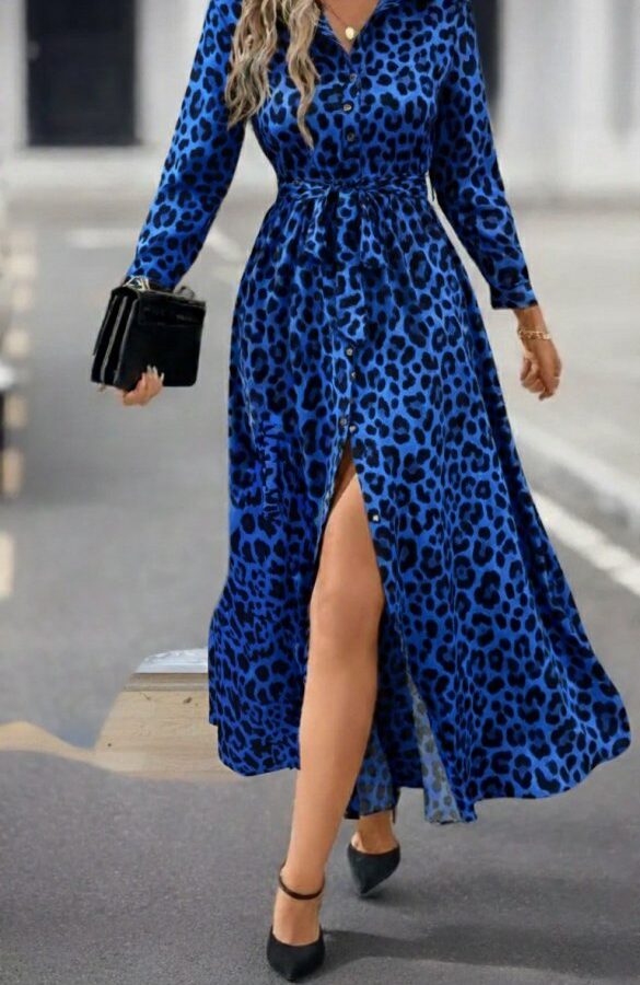 Kadın Uzun Kollu Yakalı Belden Kuşaklı Leopar Desenli Modal Uzun Elbise