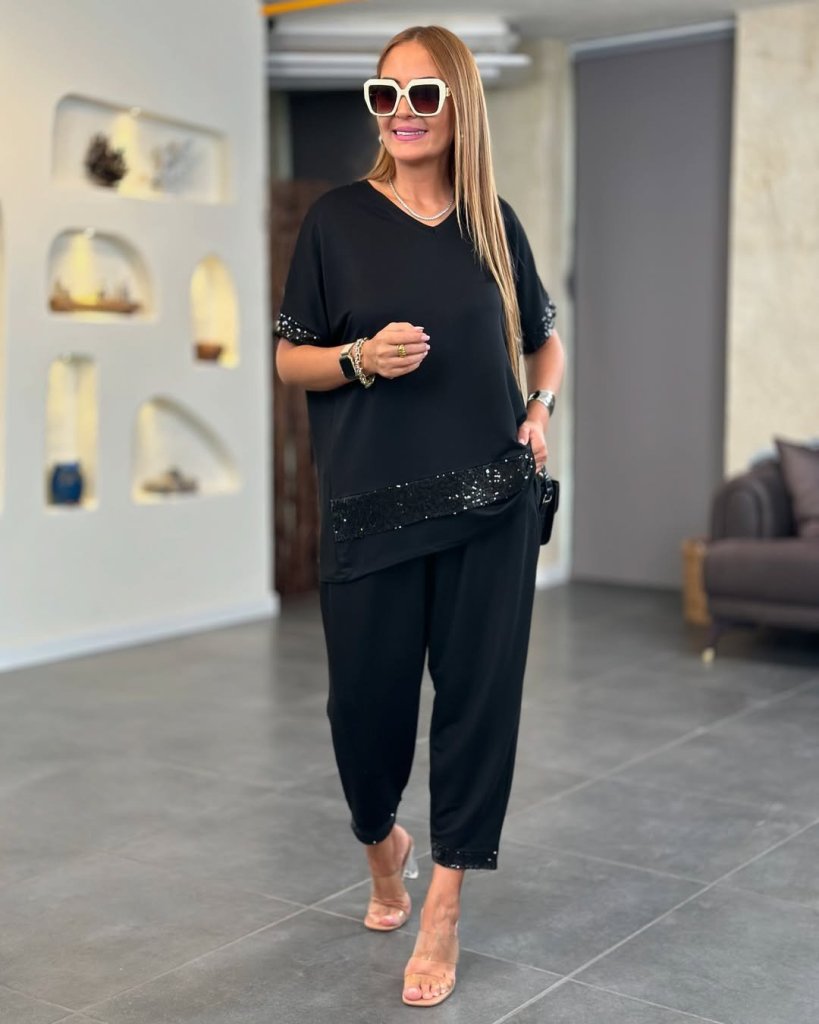 Kadın Kısa Kollu V Yakalı Pul Payetli Viskon Iki Iplik Bluz Ve Pantolon Ikili Takım - Görsel 3