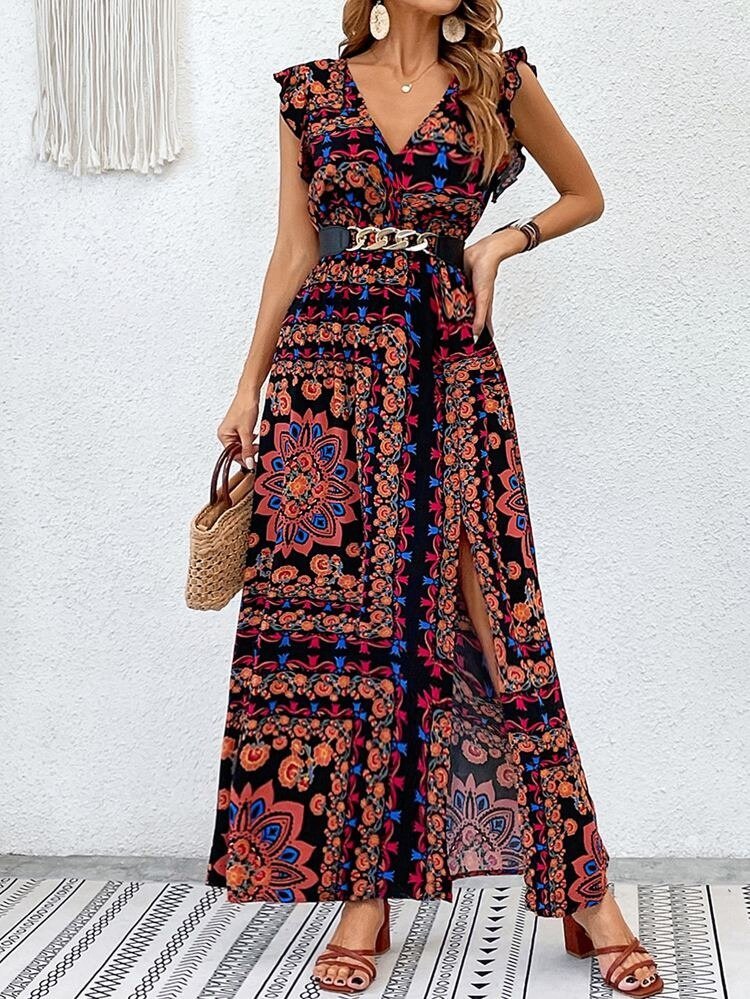 Kadın Kısa Kollu V Yakalı Deseni Yırtmaçlı Süprem Elbise - Görsel 6