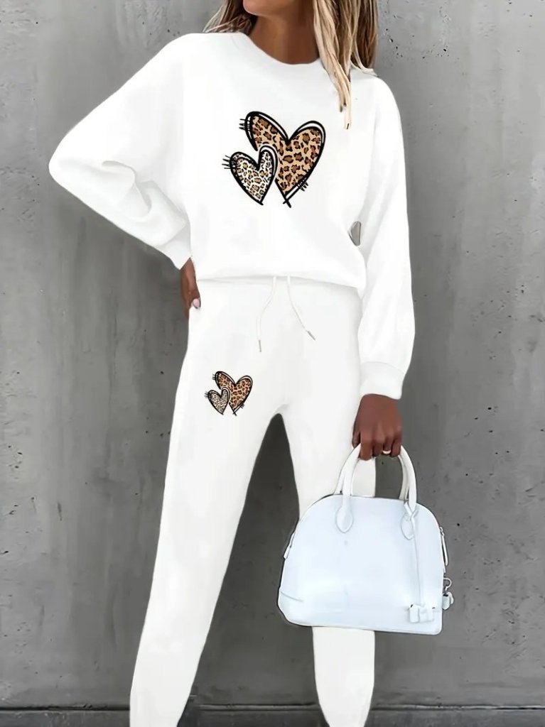 Kadın Uzun Kollu Bisiklet Yaka Kalp Desenli şardonlu üç Iplik Bluz Ve Pantolon Ikili Takım - Görsel 3