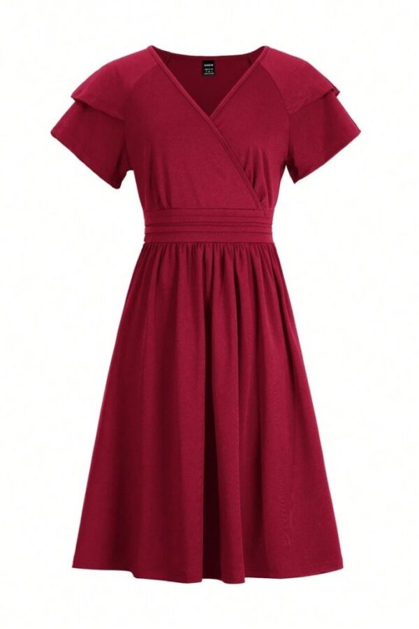 Kadın Kısa Fırfır Kollu Kruvaze Yakalı Kiloş Janjan Krep Elbise