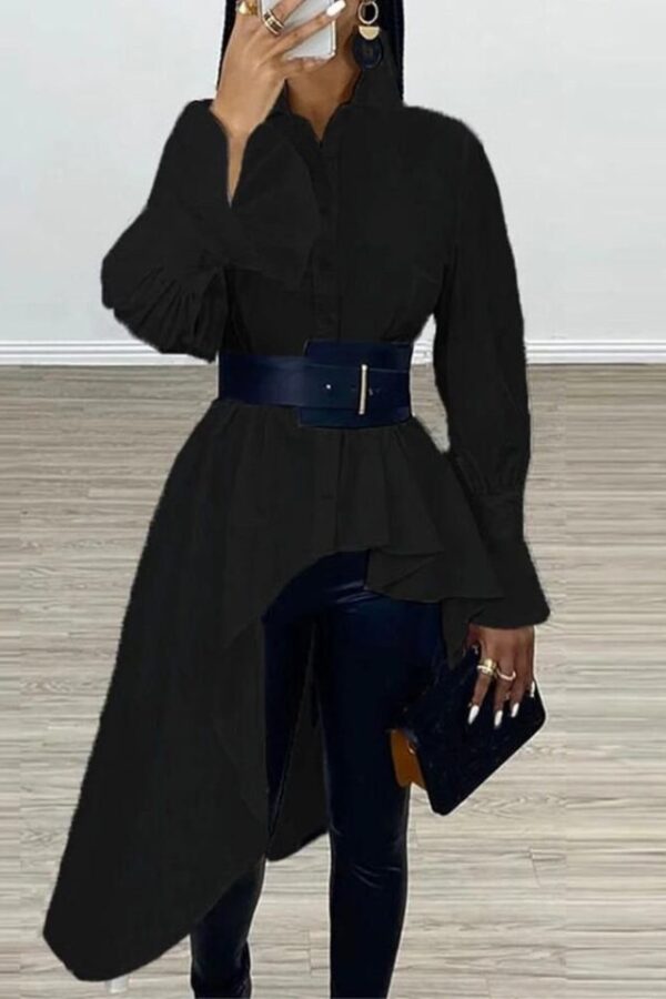 Kadın Pamuk Polyester Kumaş, Asimetrik Kesim Gömlek (Kemer Dahil)