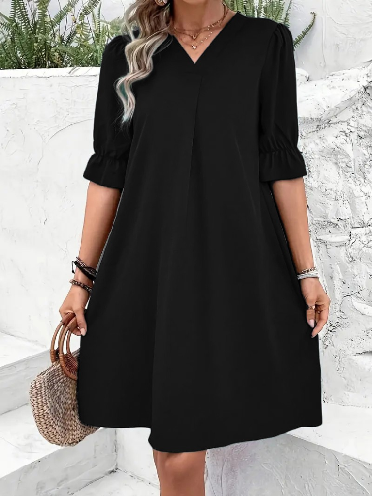 Kadın Kısa Kollu V Yakalı Salaş Janjan Krep Elbise - Görsel 3