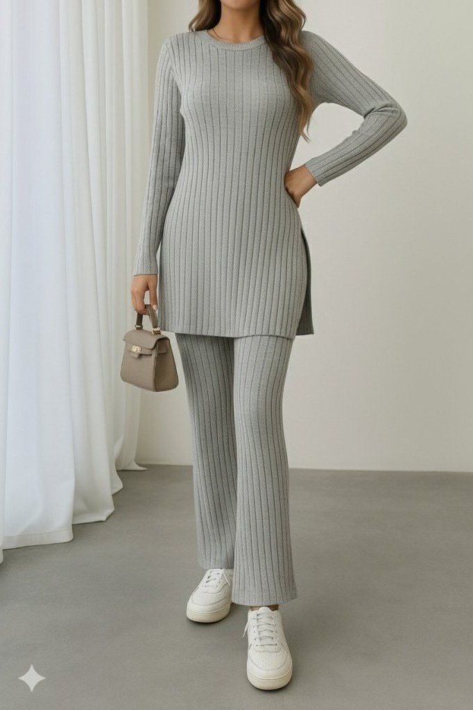 Kadın Uzun Kollu Yuvarlak Yaka Yandan Yırtmaç Detaylı şardonlu Kaşkorse Bluz Ve Pantolon Ikili Takım - Görsel 3