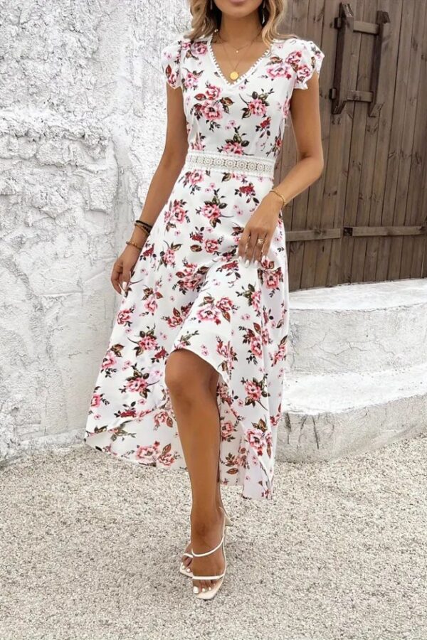 Kadın Kısa Kollu V Yakalı çiçek Desenli önü Kısa Arkası Uzun Pegasus Elbise