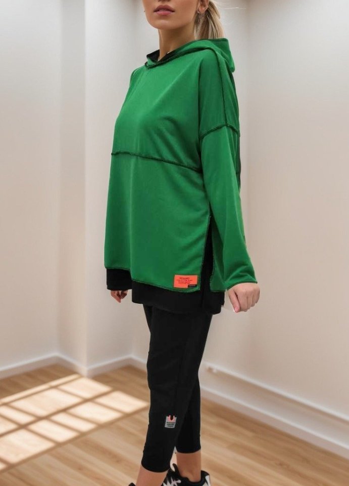 Kadın Yeşil Kapşonlu Etek Ucu Detay Arma Ters Dikiş Gorunumlu Ikili Takım - Görsel 18