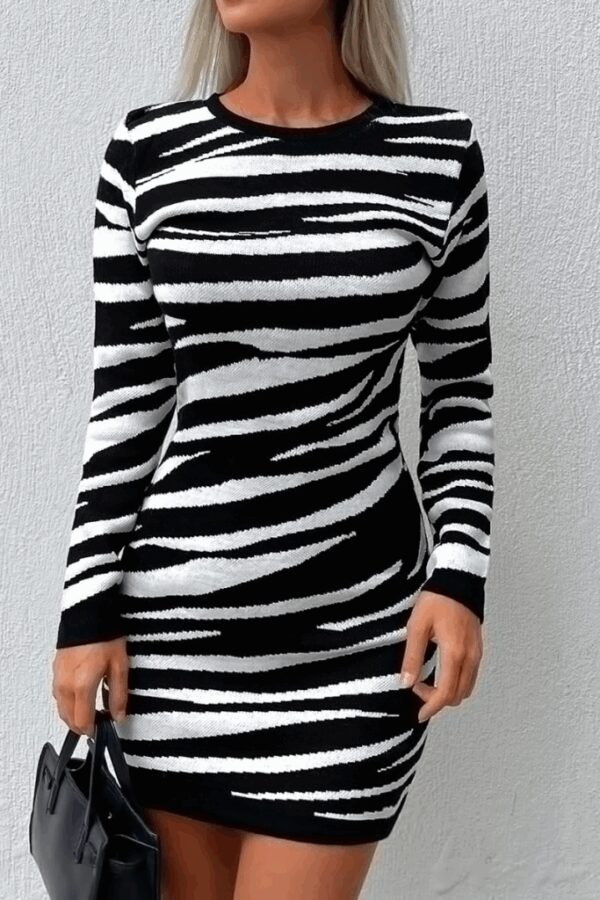 Kadın Uzun Kollu Siyah Beyaz Zebra Desen Triko Elbise