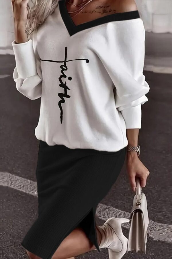 Kadın Uzun Kollu V Yakalı Iki Iplik Bluz Ve şardonlu Kaşkorse Etek Ikili Takım