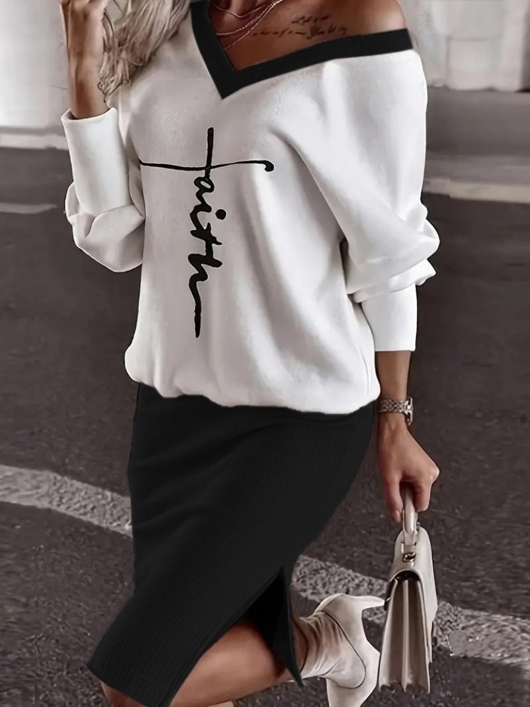 Kadın Uzun Kollu V Yakalı Iki Iplik Bluz Ve şardonlu Kaşkorse Etek Ikili Takım