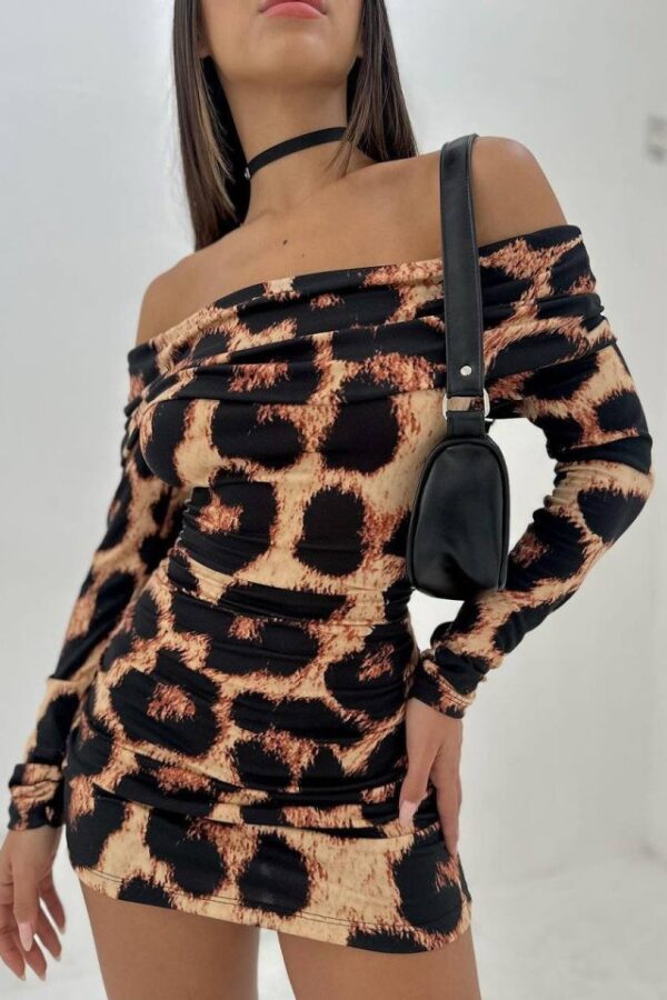 Kadın Madonna Mendil Yaka Leopar Desen Mini Elbise