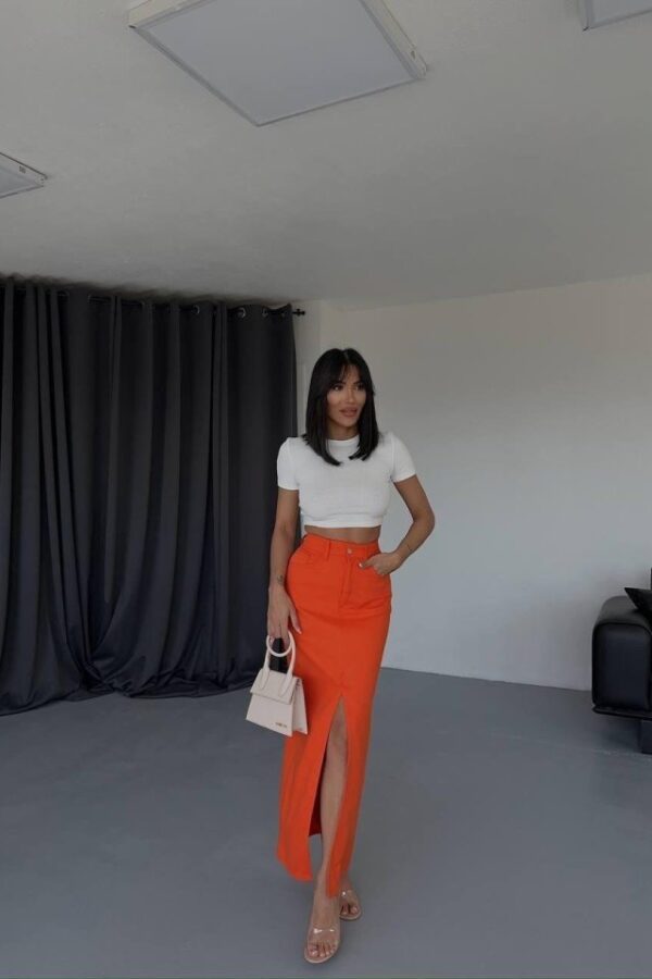 GABARDİN UZUN ÖNDEN YIRTMAÇLI ETEK - Turuncu