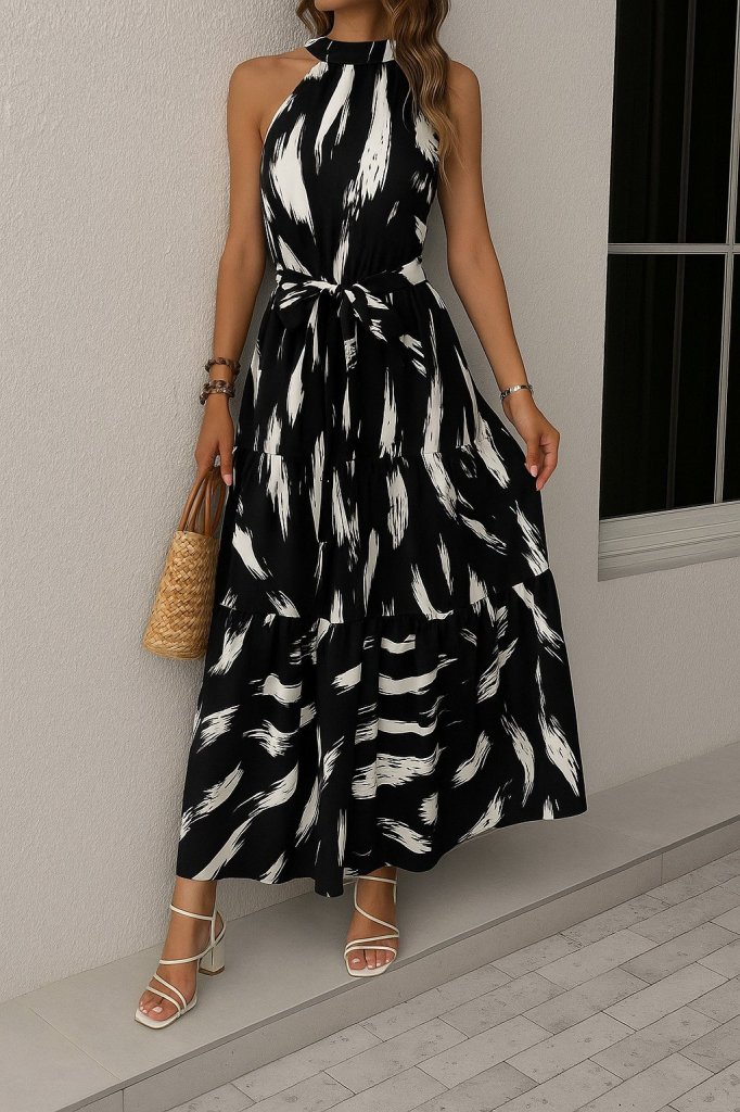 Kadın Halter Yakalı Omuzlardan Açık Kuşaklı Maksi Boy Desenli Süprem Elbise - Görsel 6