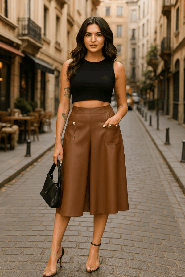 Kadınyüksek Bel Cep Ve Düğme Detay Fırsat ürün Midi Boy Deri Etek