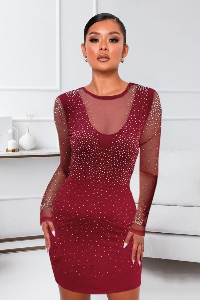 Kadın Uzun Kollu Yuvarlak Yaka Dekolteli Taşlı Dalgıç Elbise - Görsel 19