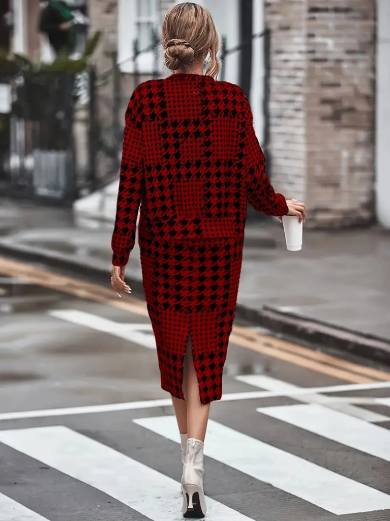 Kadın Uzun Kollu Bisiklet Yaka şardonlu Dalgıç Bluz Ve Yırtmaçlı Midi Etek Takım - Görsel 4