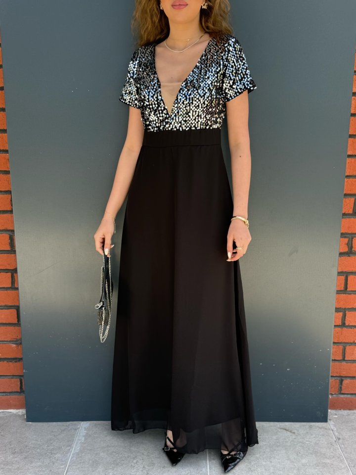 Kadın Kısa Kollu Derin V Yakalı A Kesim Pulpayet Detaylı şifon Nedime Elbisesi - Görsel 8