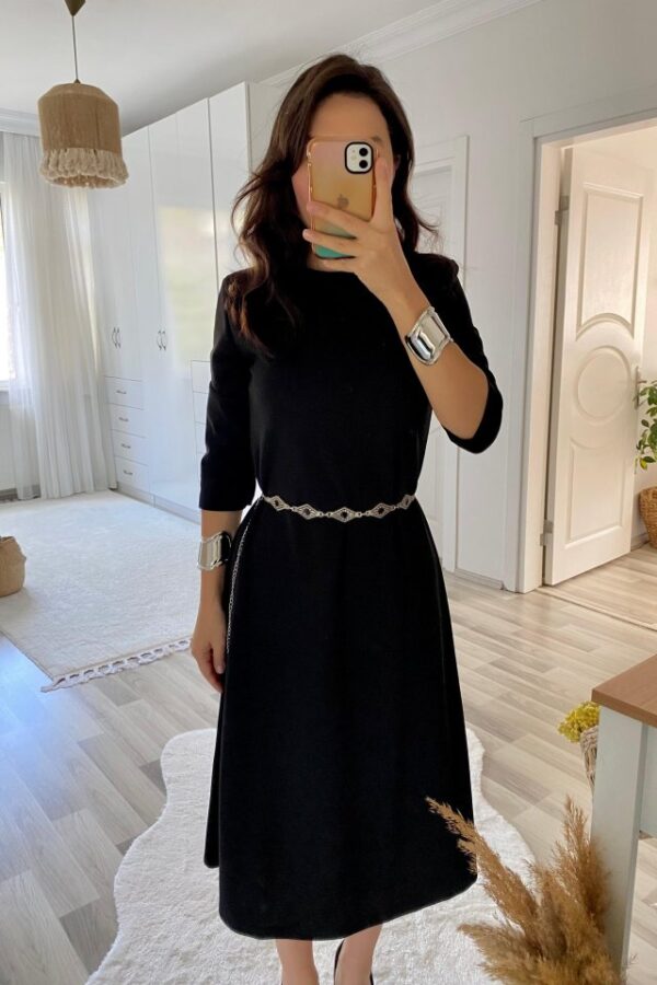 Kadın Uzun Kollu Bisiklet Yaka Midi Ithal Krep Elbise