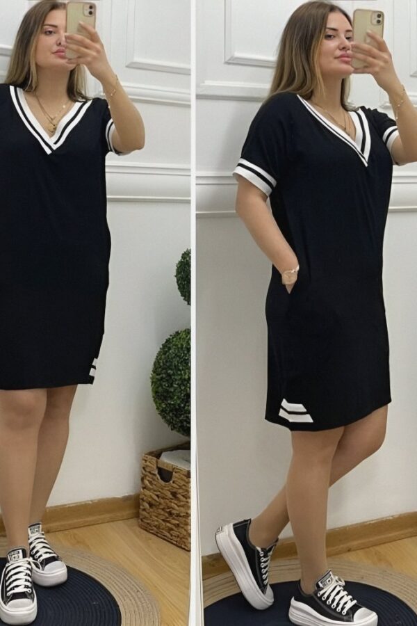 Kadın Kısa Kollu V Yaka Ribana Detaylı Cepli Dizüstü Viskon Elbise