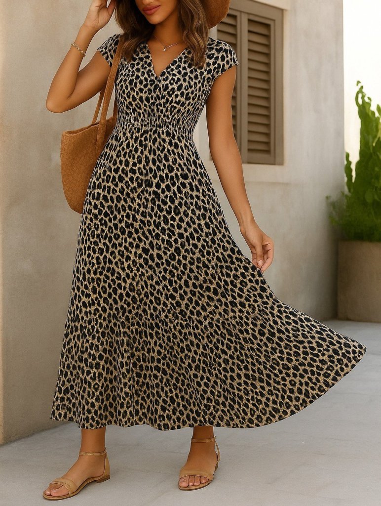 Kadın Kısa Yarasa Kanat Kollu V Yakalı Beli Büzgülü Süprem Elbise - Görsel 7