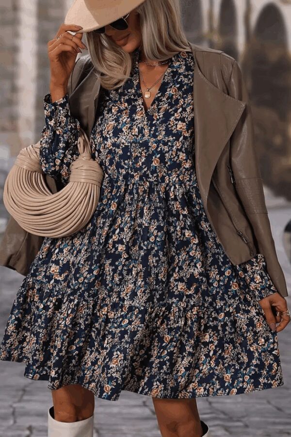 Kadın Uzun Kollu Hakim V Yakalı Desenli Volanlı Süprem Elbise