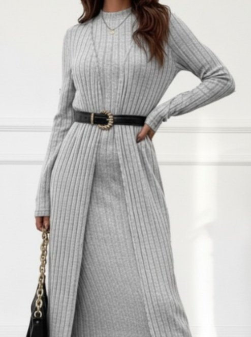 Kadın Uzun Kollu Yarı Balıkçı Yaka şardonlu Kaşkorse Elbise Ve Uzun Hırka Ikili Takım - Görsel 2