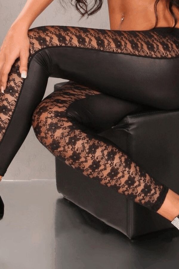 Kadın Yüksek Bel Dantel Detaylı Deri Tayt