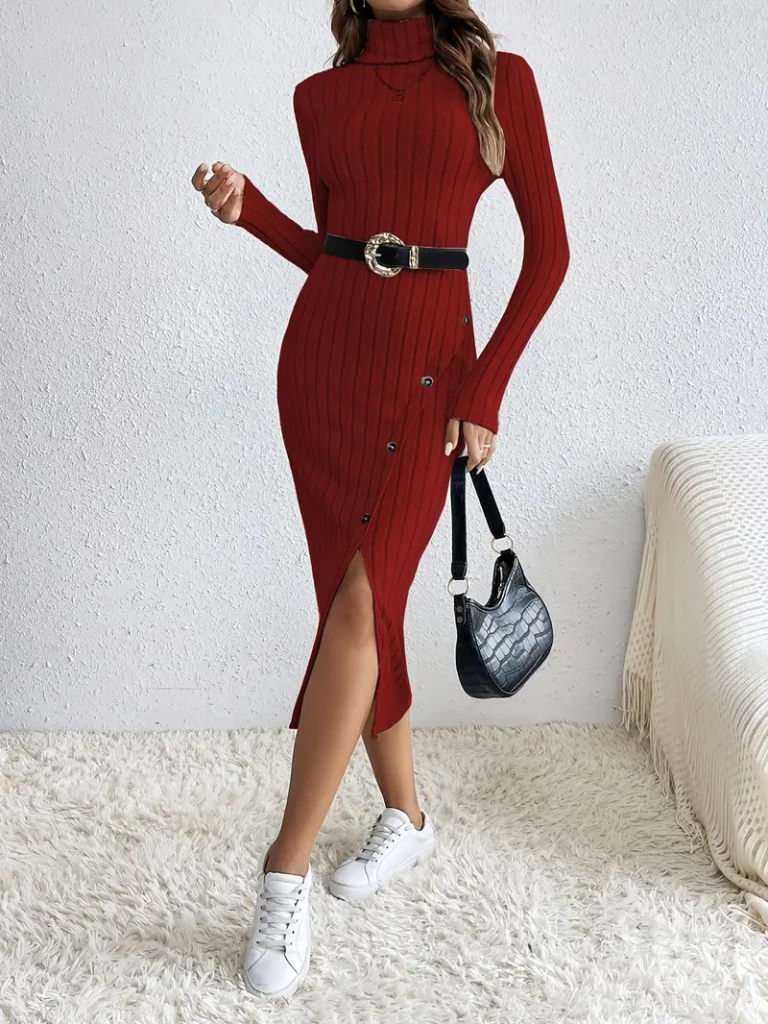 Kadın Uzun Kollu Balıkçı Yaka Yırtmaçlı Düğmeli şardonlu Kaşkorse Elbise - Görsel 12