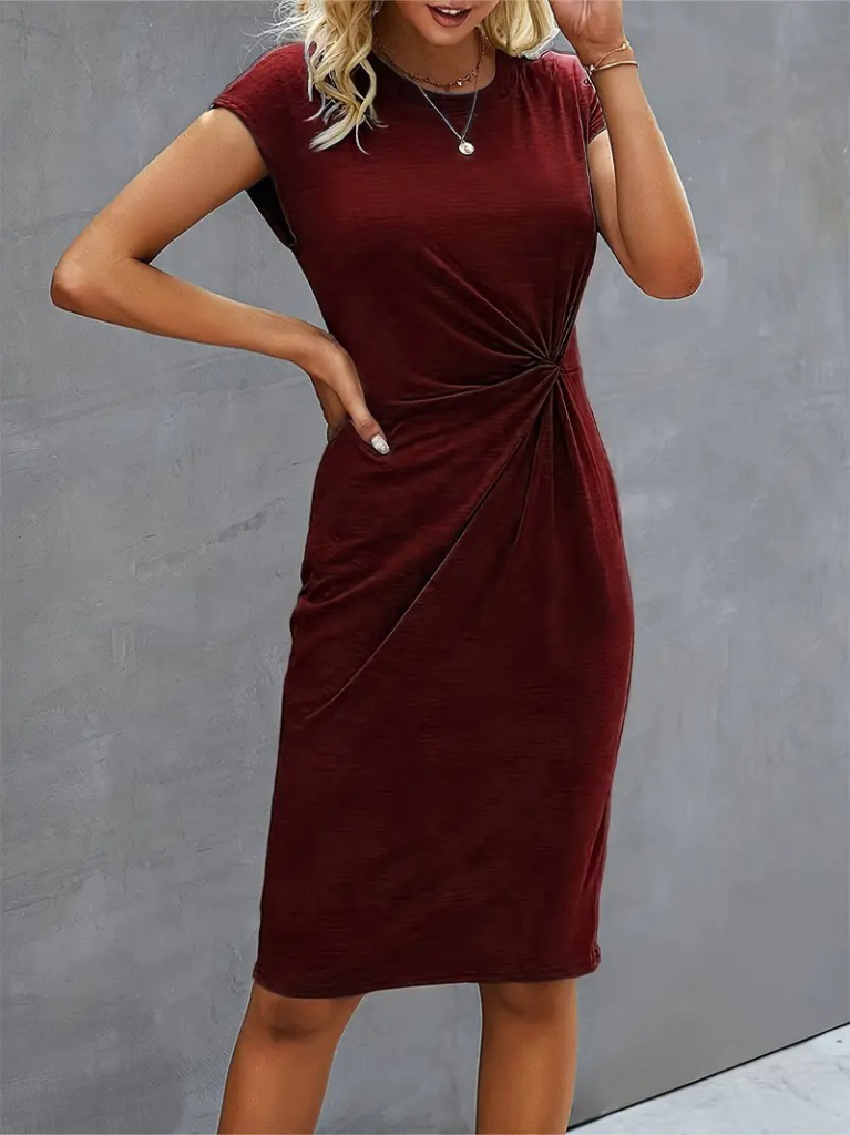 Kadın Kısa Kollu Bisiklet Yaka Yandan Büzgülü Midi Viskon Elbise - Görsel 12