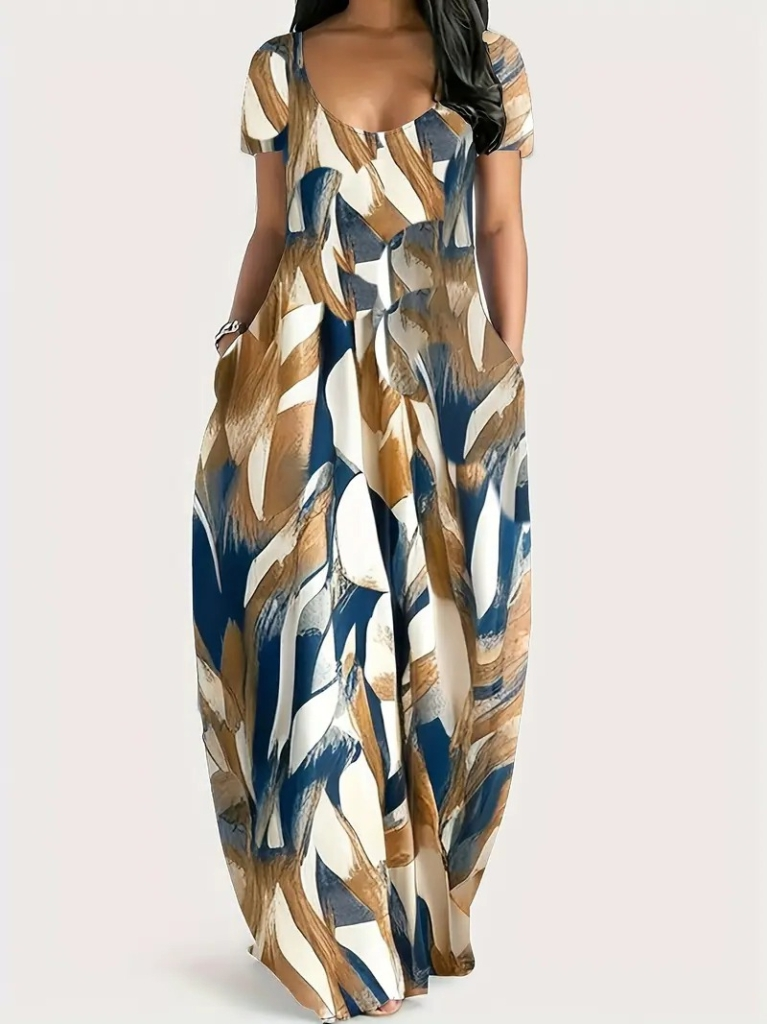 Kadın Kısa Kollu Yuvarlak Yaka Cepli Salaş Baskılı Süprem Elbise - Görsel 7