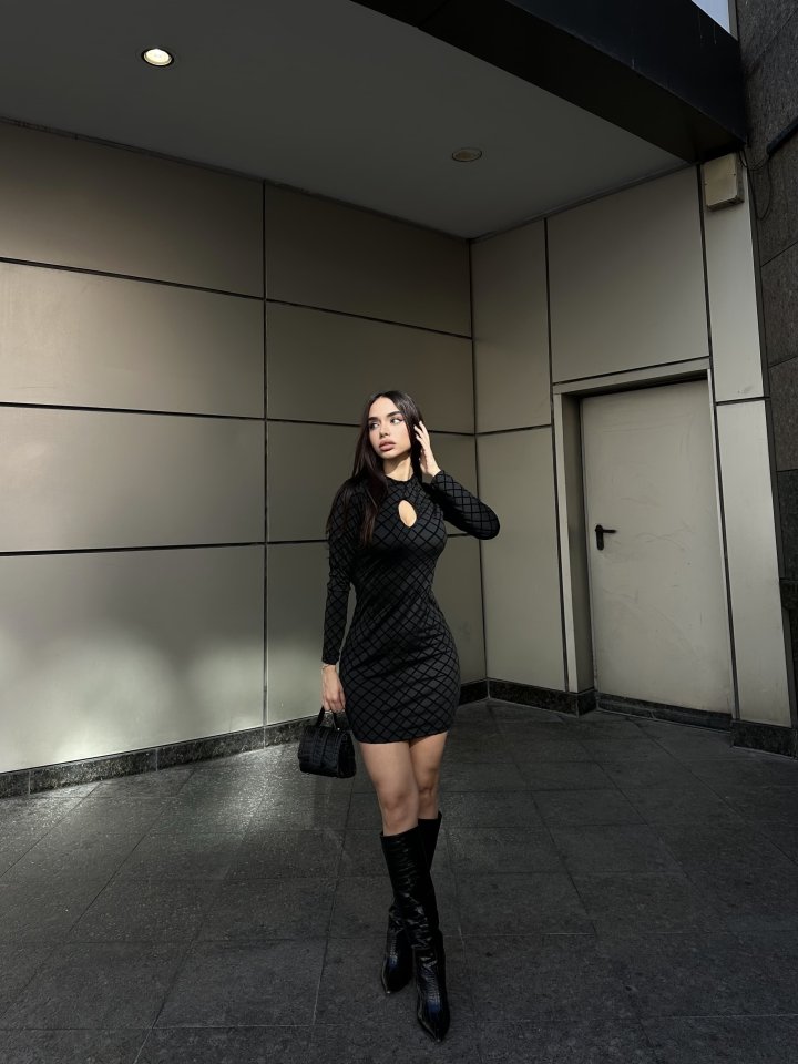 Kadın Uzun Kollu Damla Detay Flok Baskı Dalgıç Mini Elbise - Görsel 3