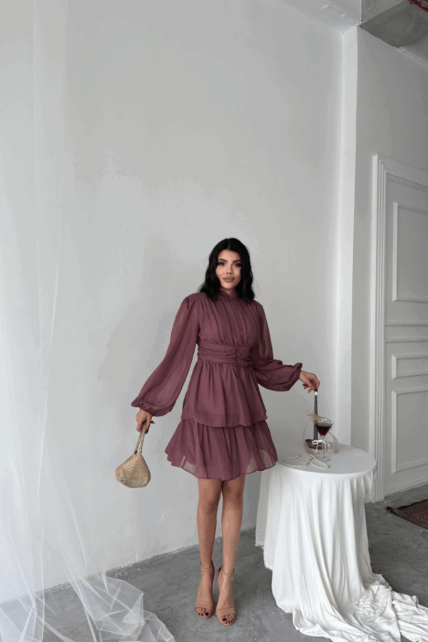 ŞİFON KATLI UZUN KOL ELBİSE - Bordo