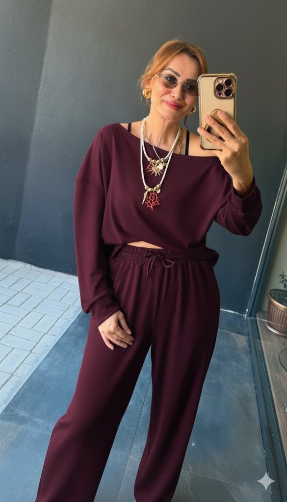 Kadın Uzun Kollu Tek Omuzdan Açık Viskon Iki Iplik Bluz Ve Pantolon Ikili Takım - Görsel 6