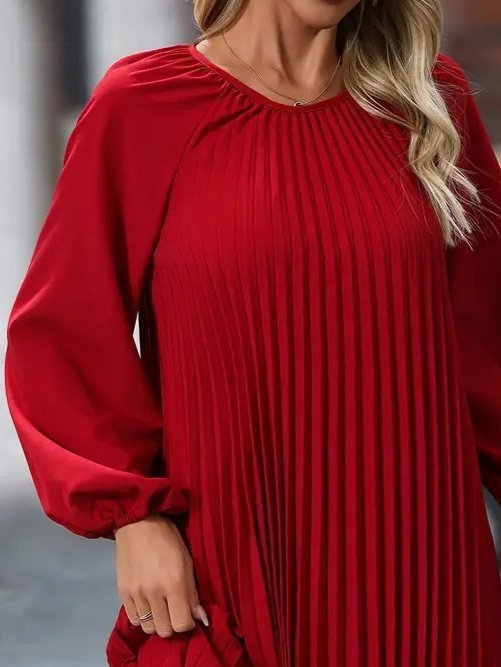 Kadın Uzun Kollu Yuvarlak Yaka Pileli Salaş Mini Ithal Krep Elbise - Görsel 2